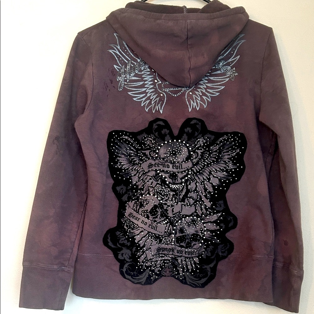 Upcycled bejeweled skull patched angel wing Harley Davidson hoodie